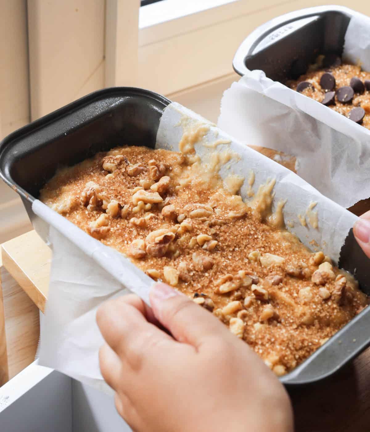 Walnut banana bread ready for the oven!