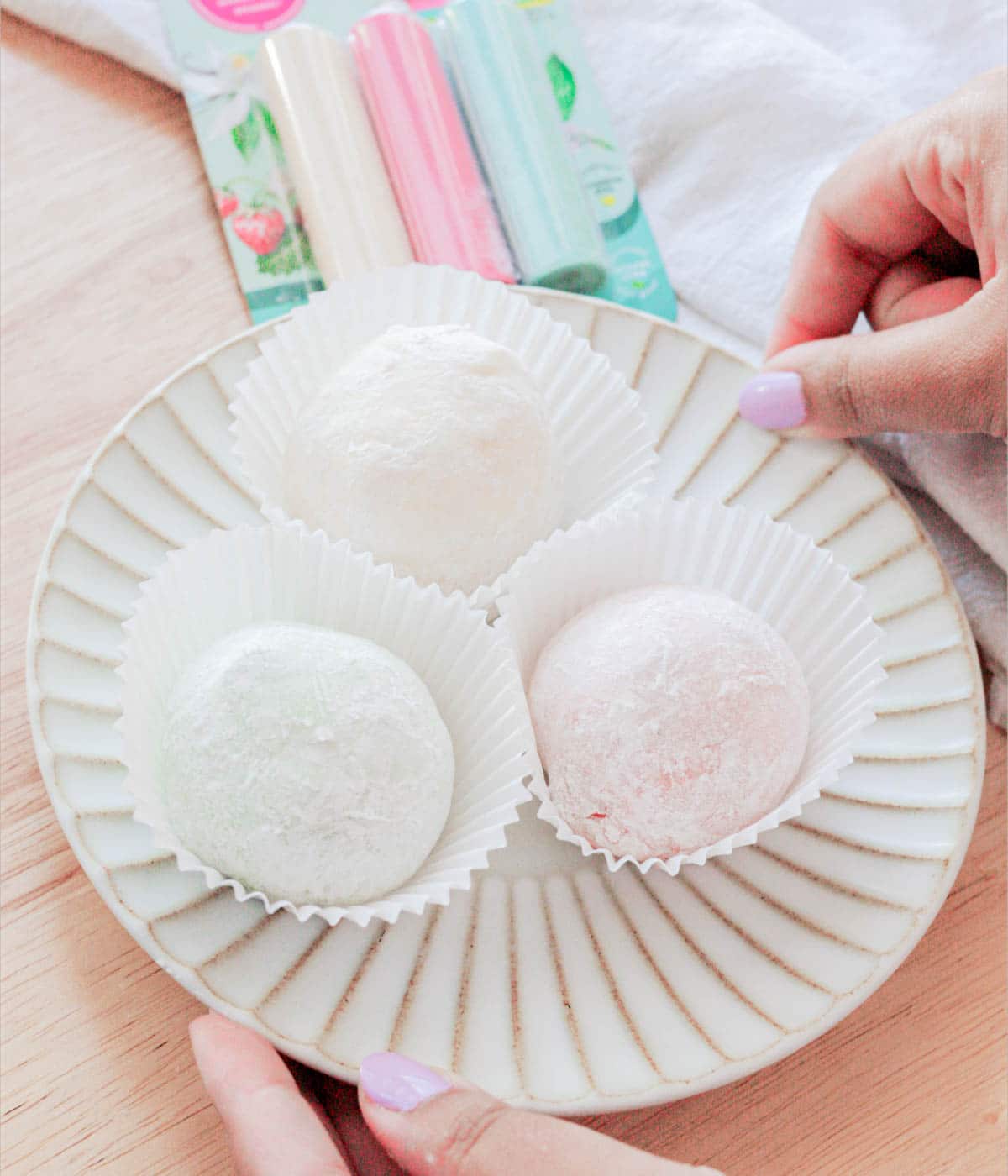 Homemade mochi ice cream on a fluted plate.