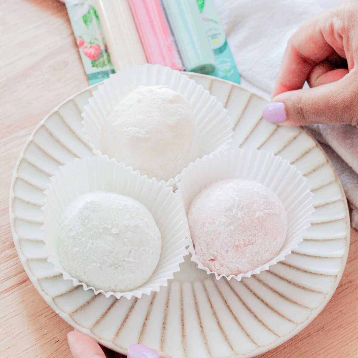 Homemade mochi ice cream on a fluted plate.