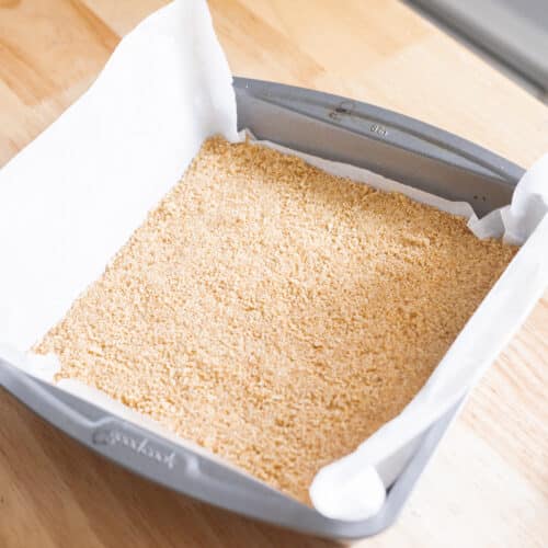 Graham cracker crust in 8x8 baking pan.