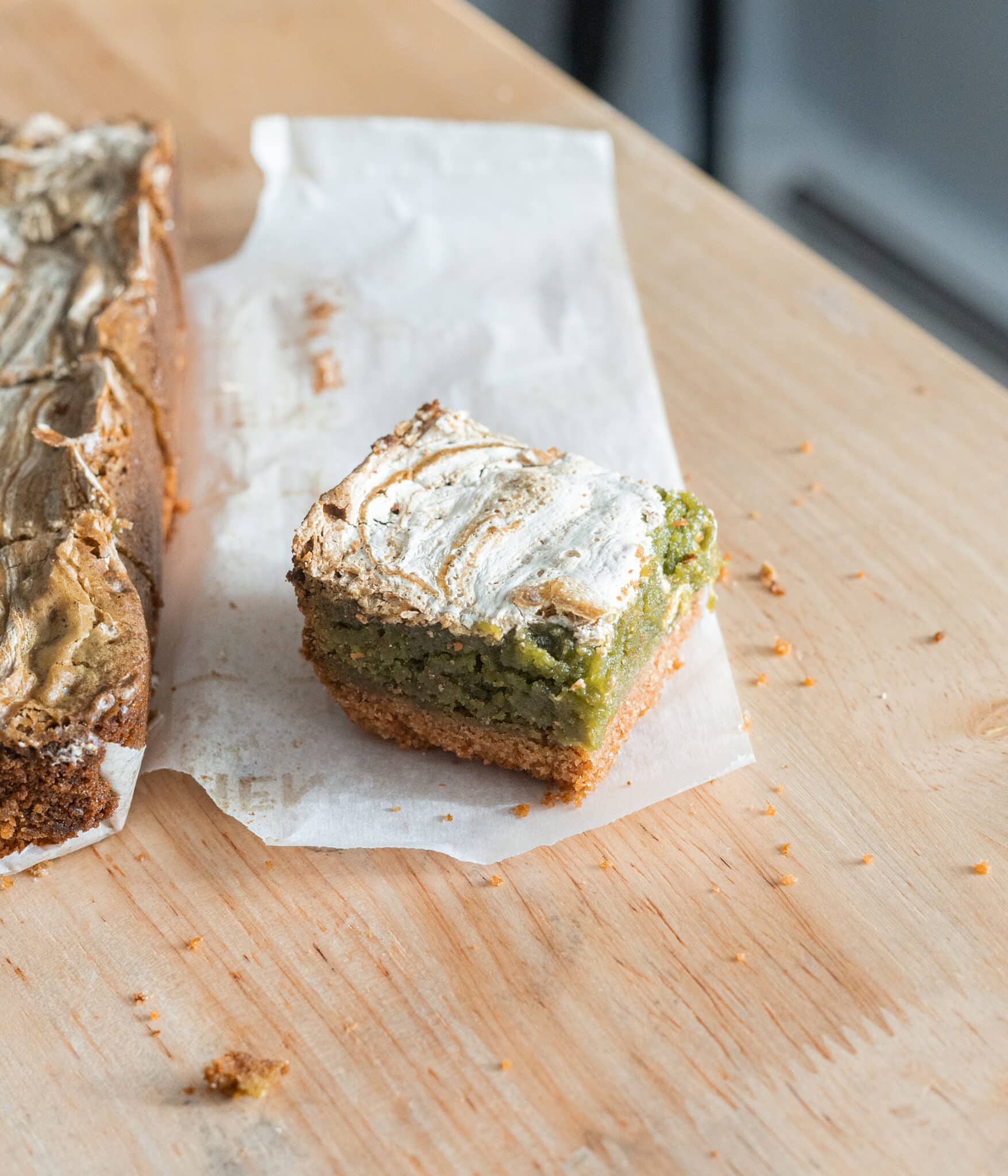 S'mores matcha brownie on parchment paper.