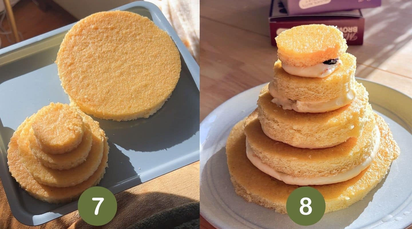 Stacking cake layers for Christmas tree cake.