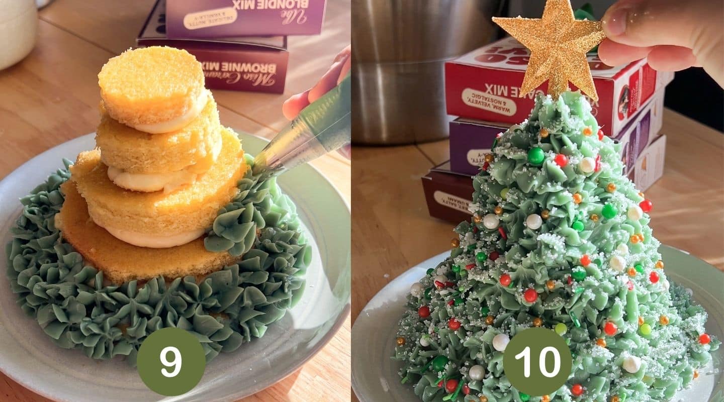 Decorating Christmas tree cake.