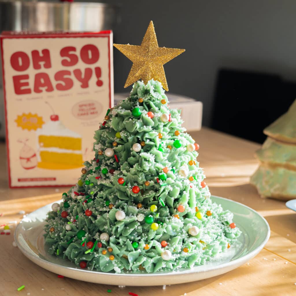 Christmas tree cake decorated with sprinkles.
