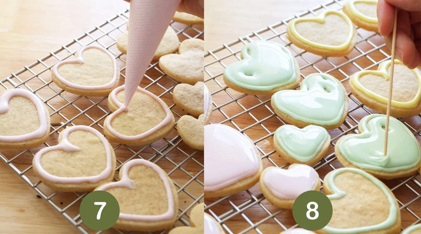 Decorating conversation heart cookies.