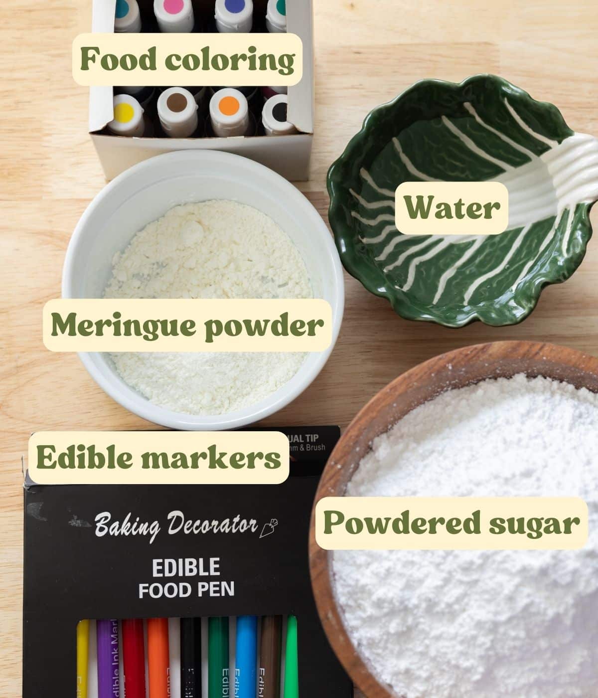 Conversation heart labeled ingredients on a wooden table.