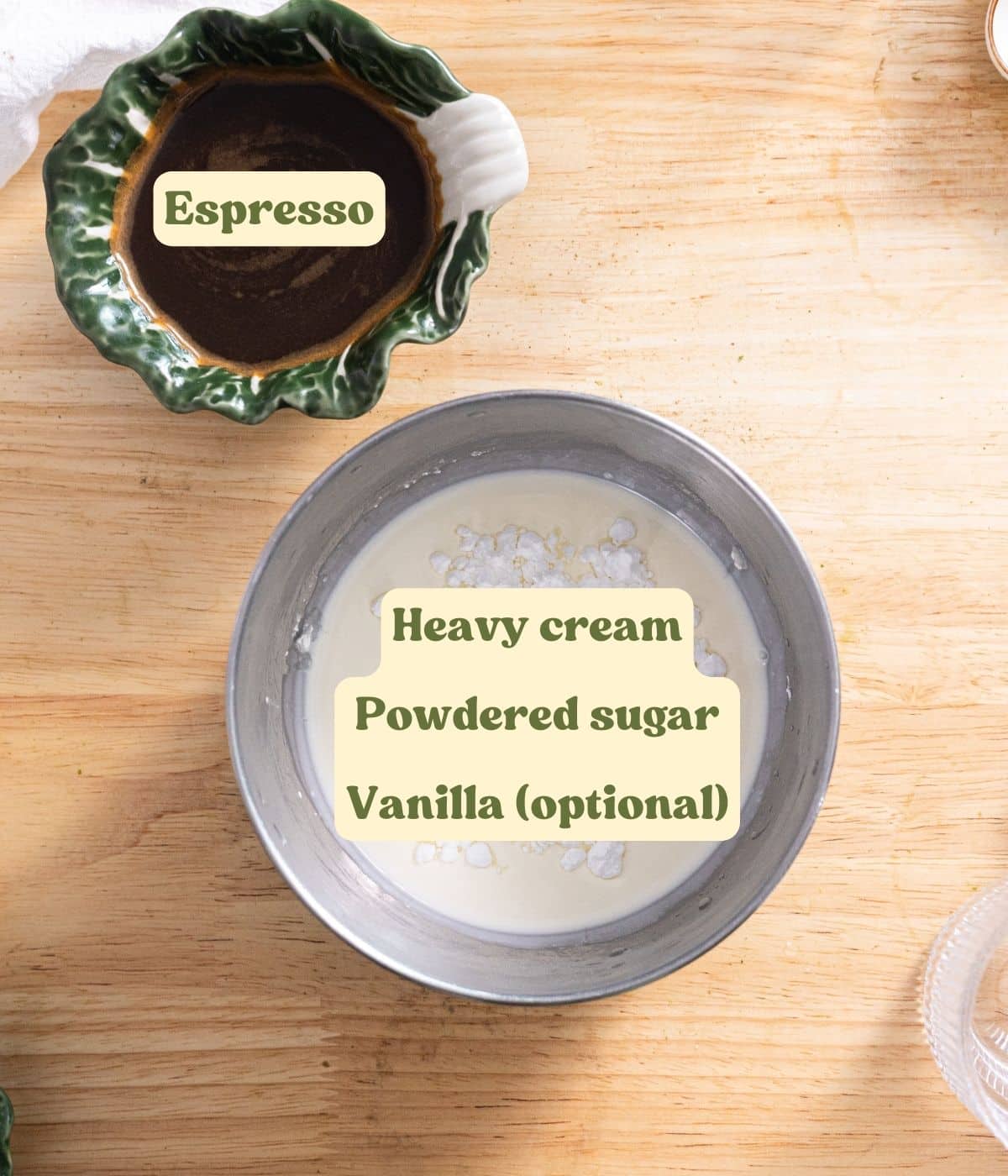 Einspanner labeled ingredients laid out on a wooden table.