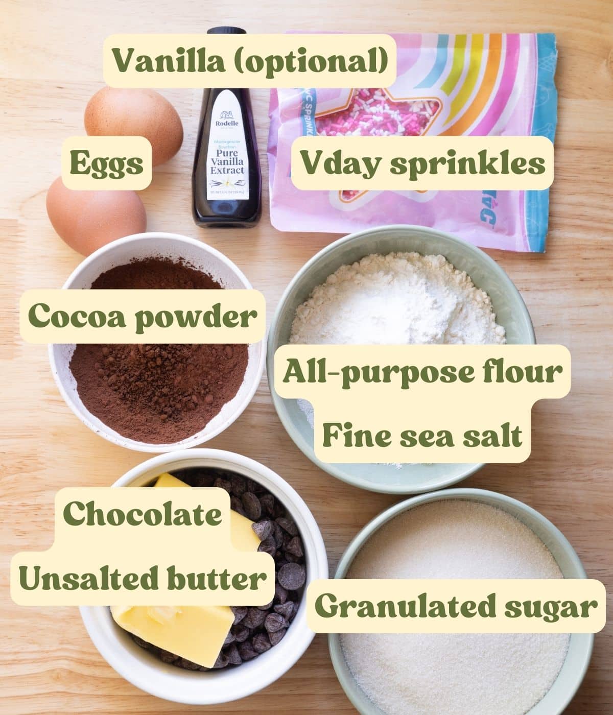 Valentine's day brownie labeled ingredients on a wooden table.