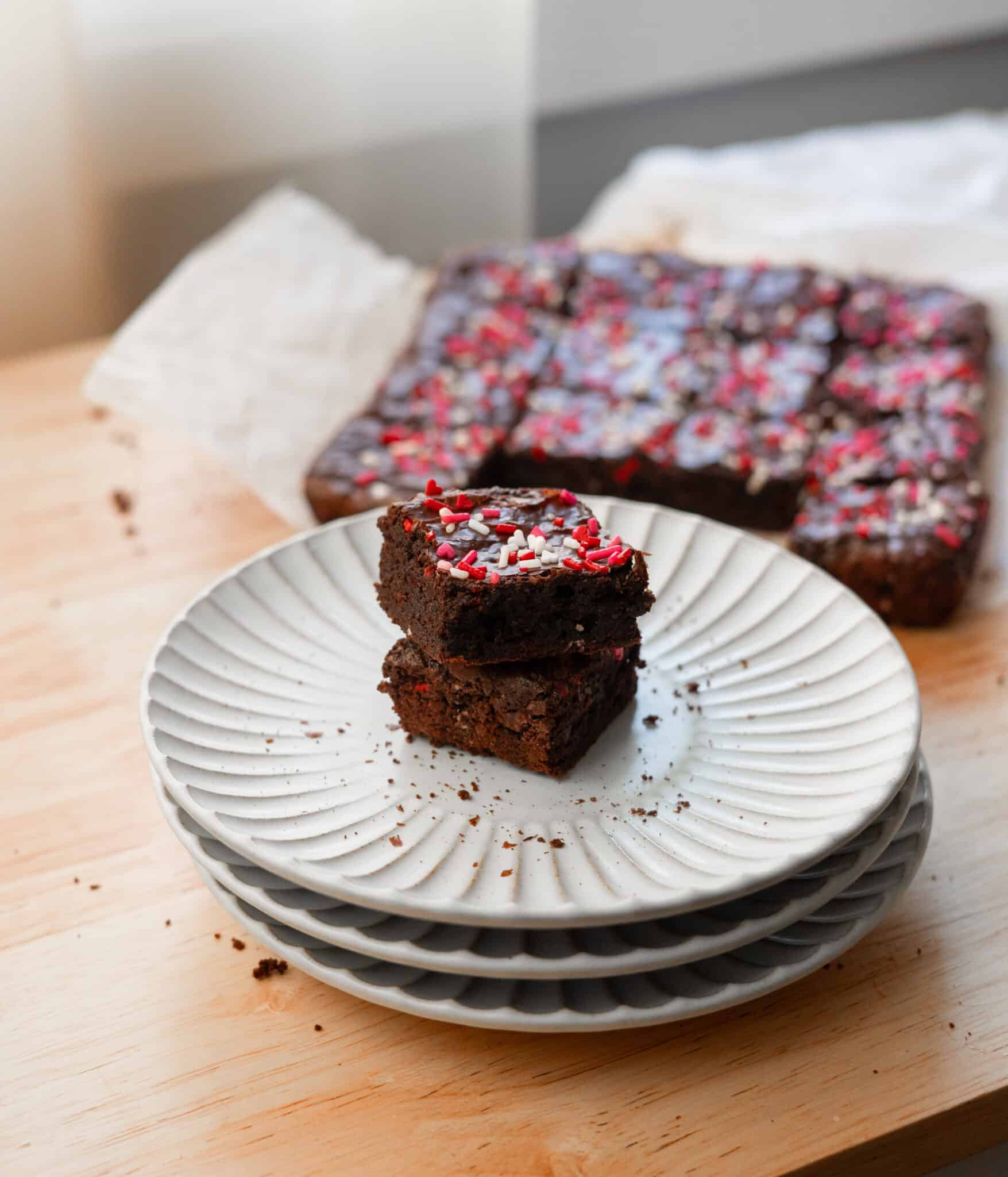 Valentine's Day brownies stacked on top of one another.