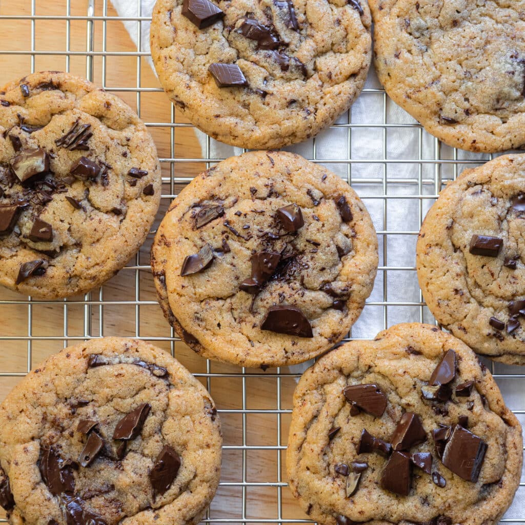 Bianca's favorite chocolate chip cookies on a wire rack.