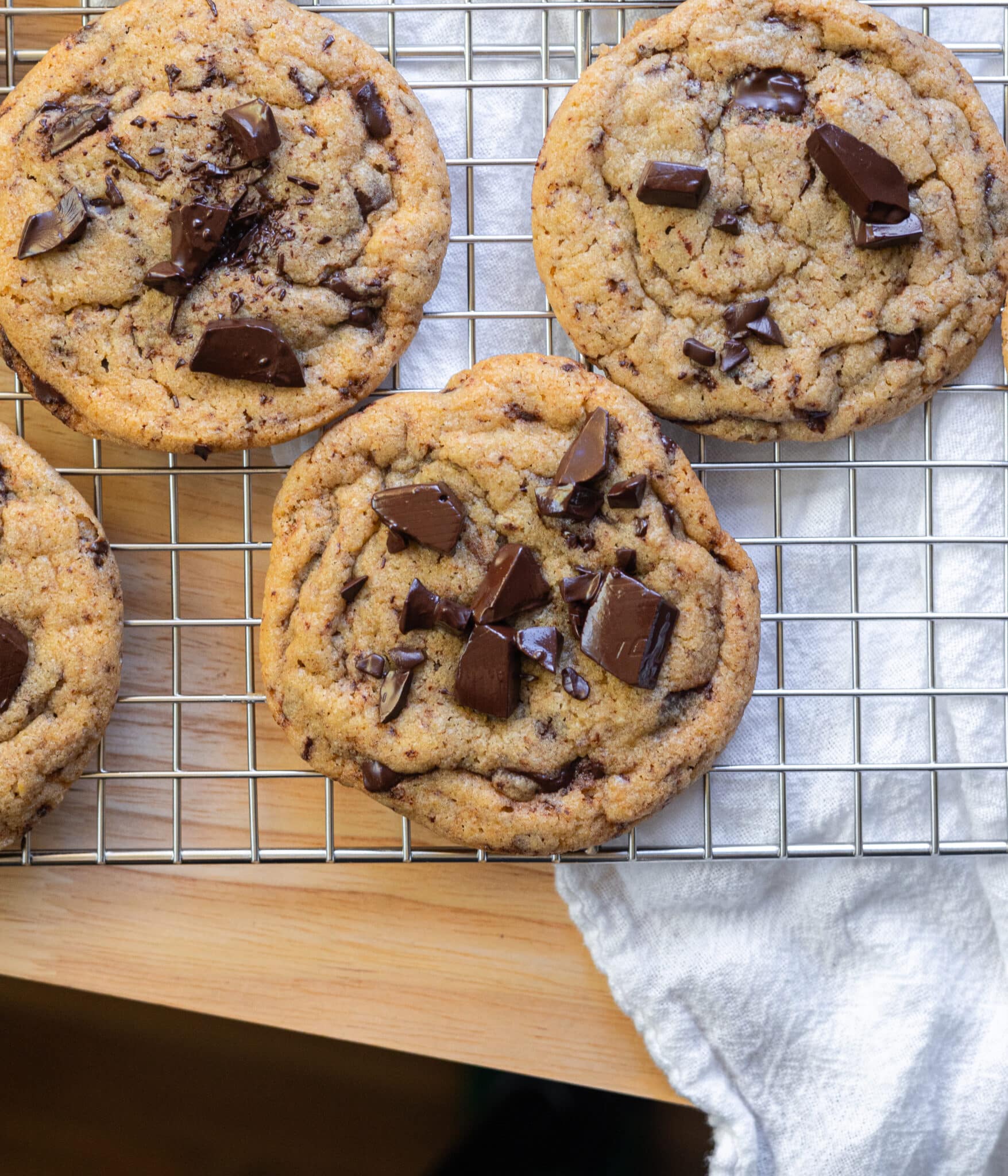 Bianca's favorite chocolate chip cookies on a wire rack.
