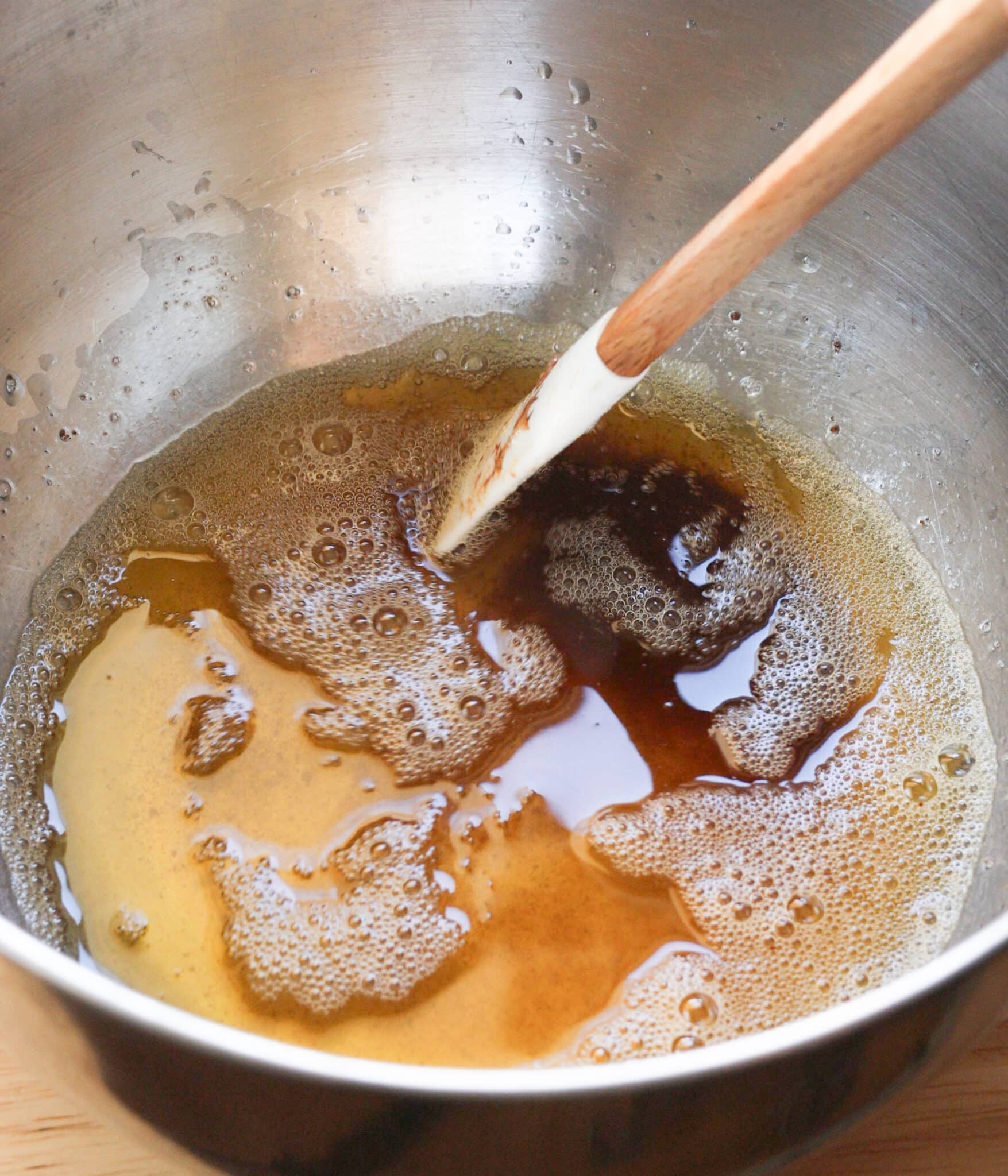 Browned butter in a mixing bowl.
