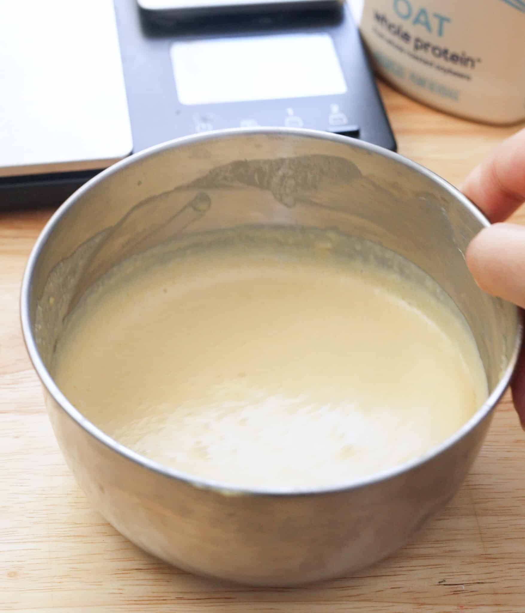 Crepe batter in a mixing bowl.
