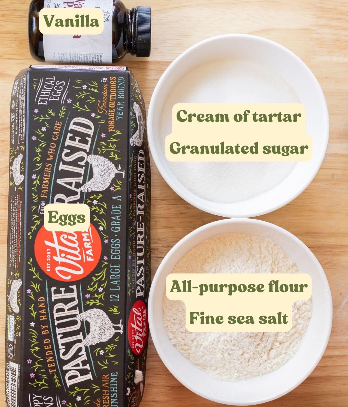 Angel food cake ingredients laid out on a wooden table, with labels for each ingredient.