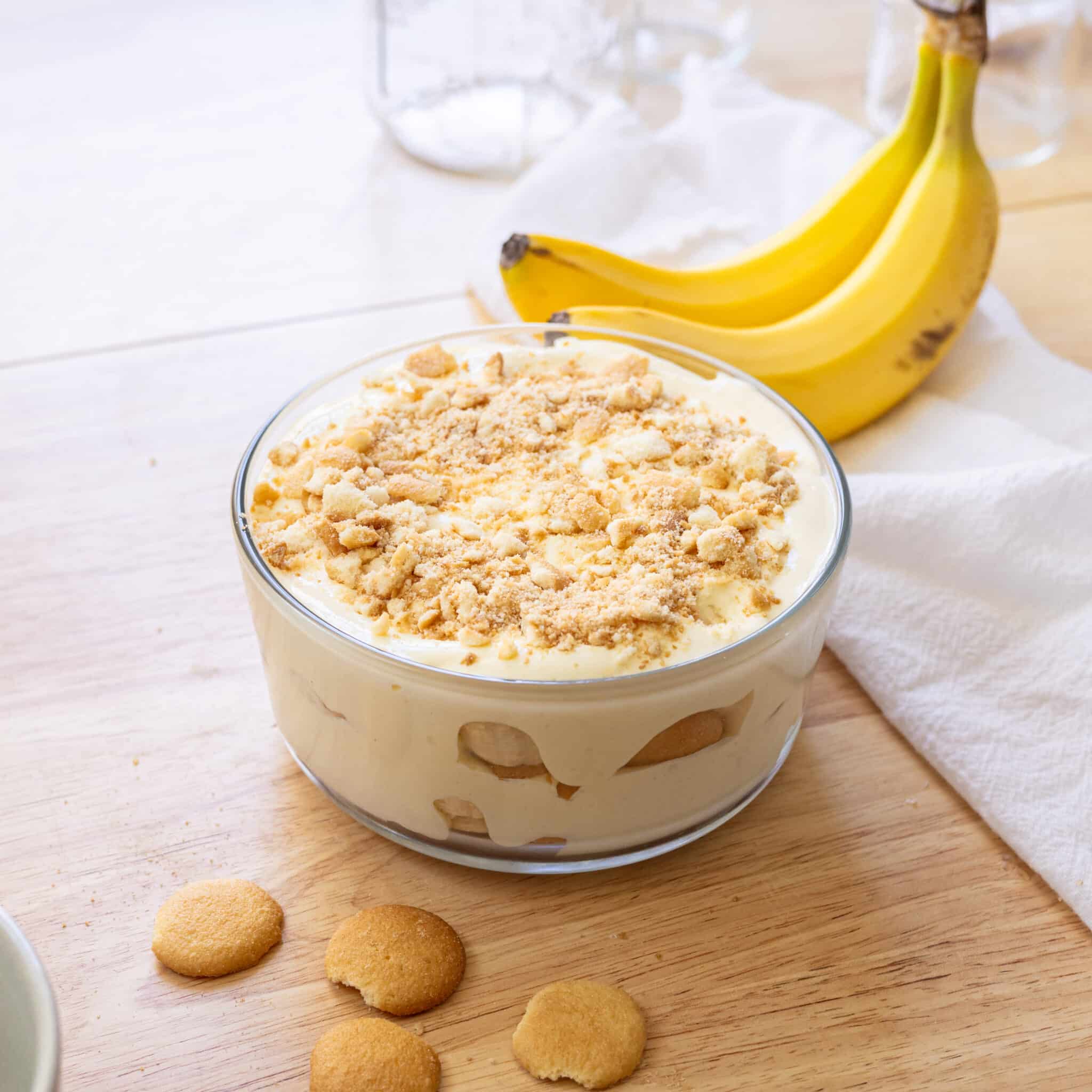 Homemade banana pudding made in a glass container.