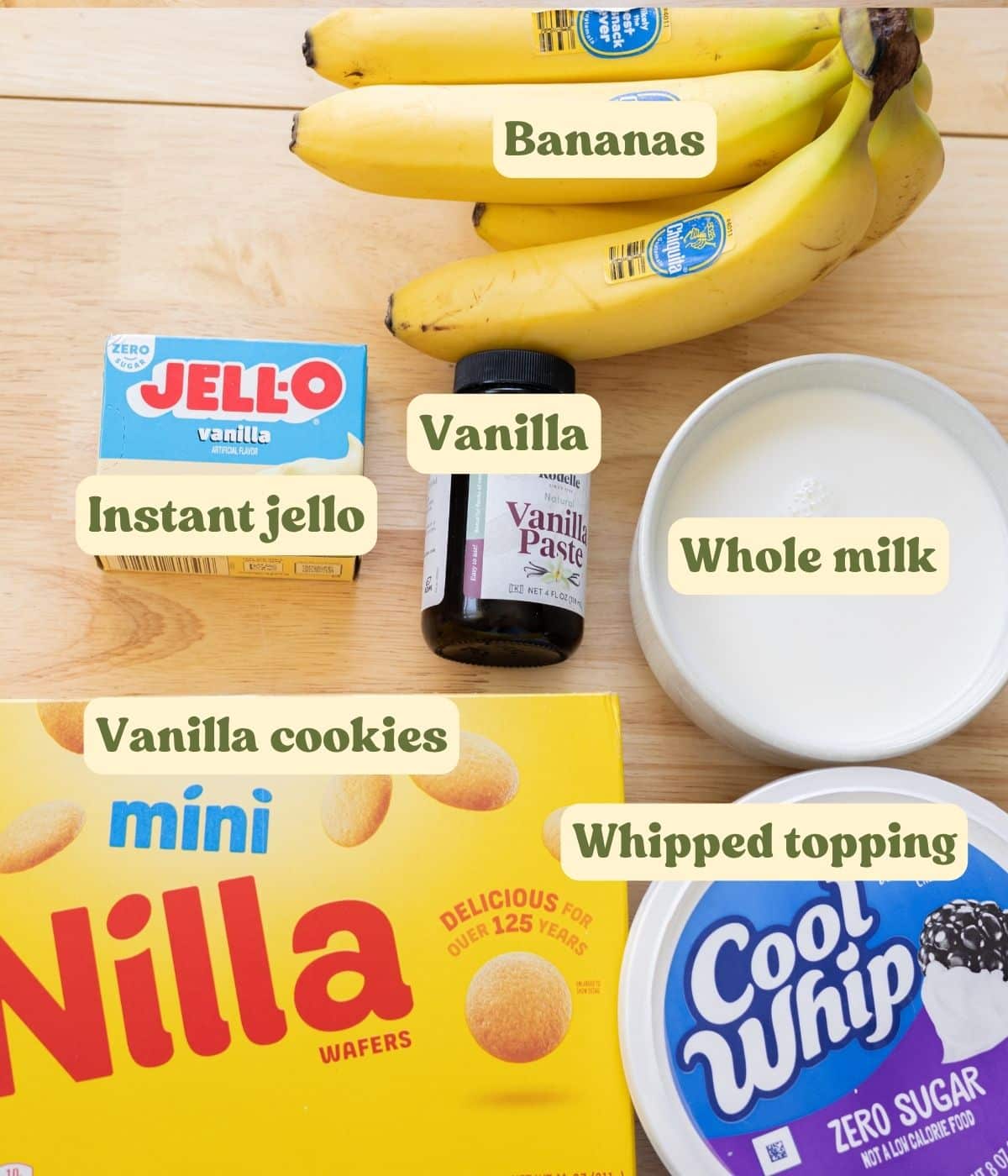 Homemade banana pudding labeled ingredients on a wooden table.