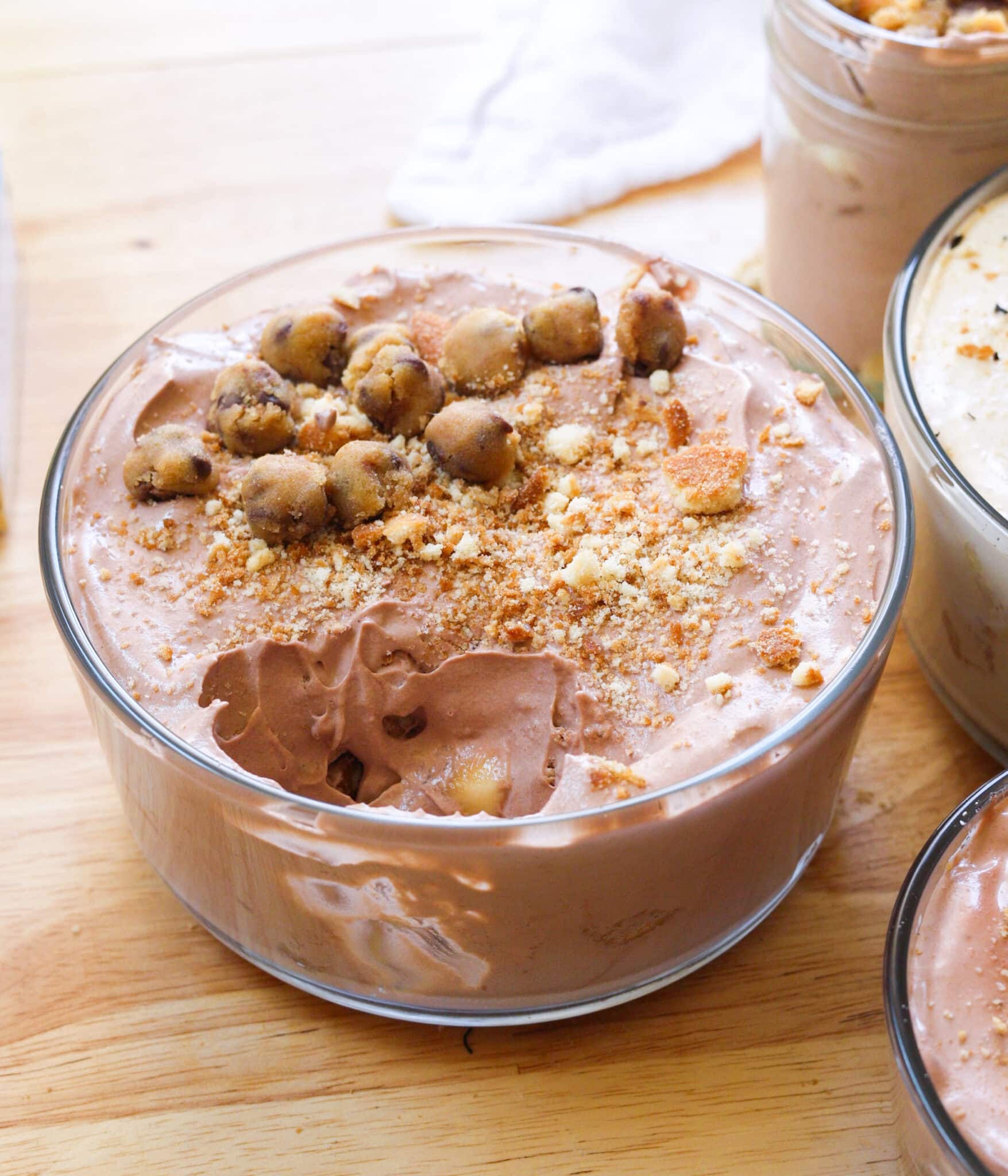 Chocolate banana pudding with a bite taken out of it.