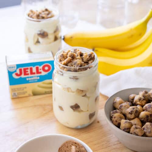 Cookie dough banana pudding in a mason jar.