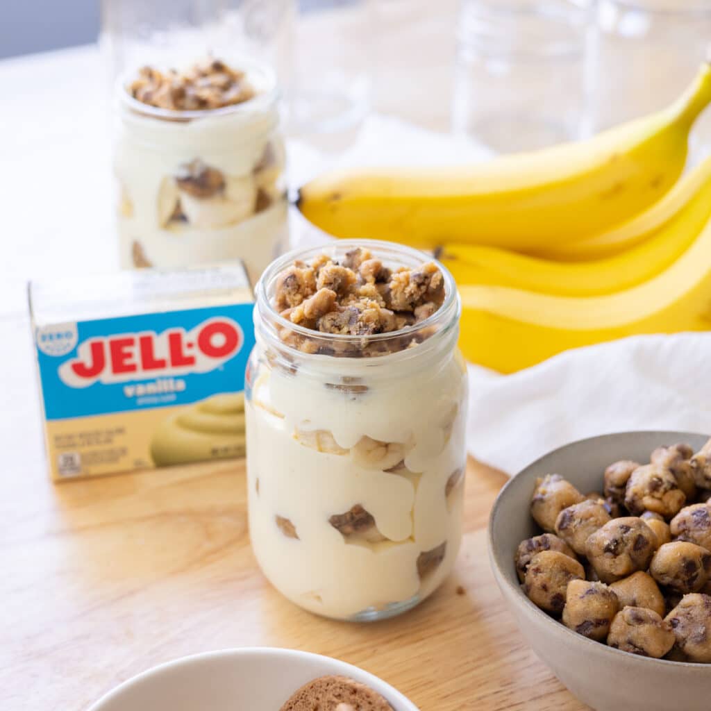 Cookie dough banana pudding in a mason jar.