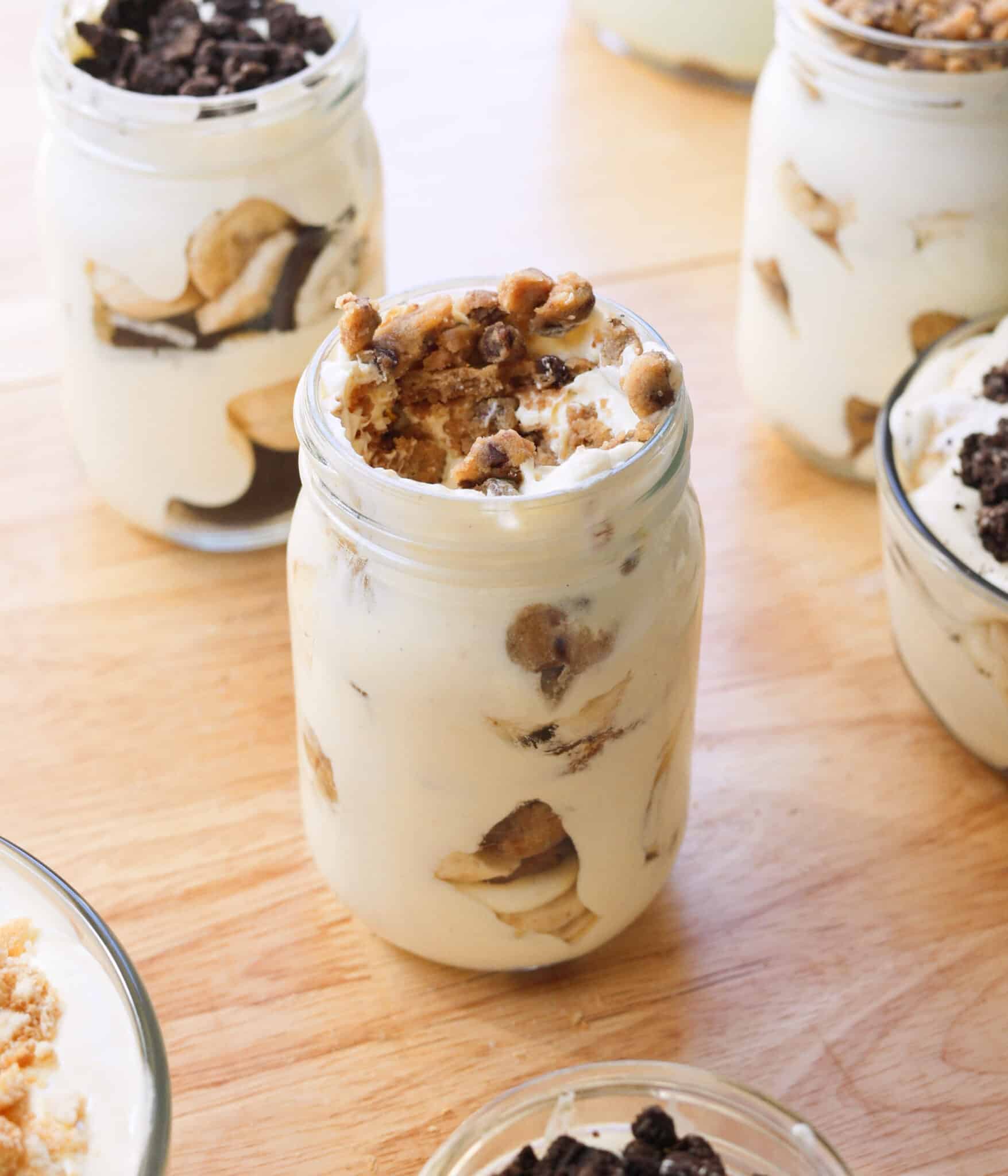 Cookie dough banana pudding with a bite taken out of it.