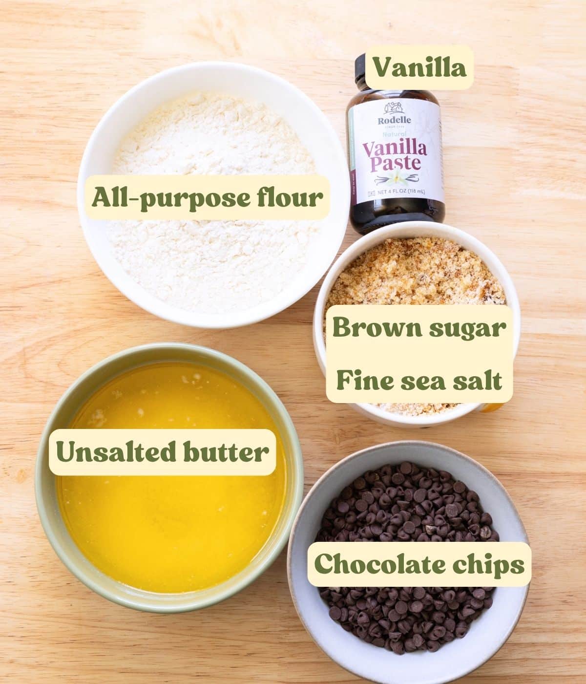 Edible cookie dough labeled ingredients on a wooden table.