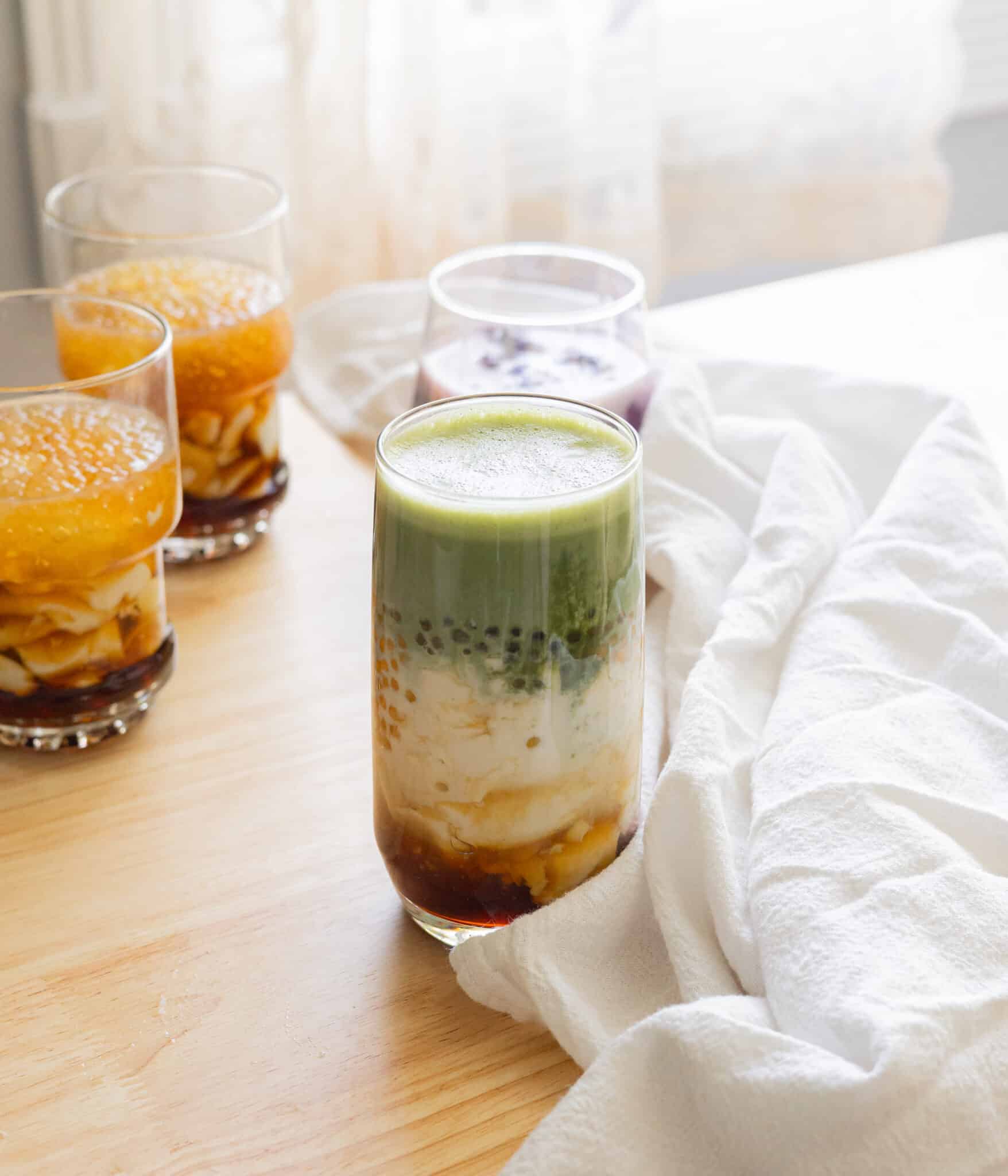 Matcha taho in a glass.