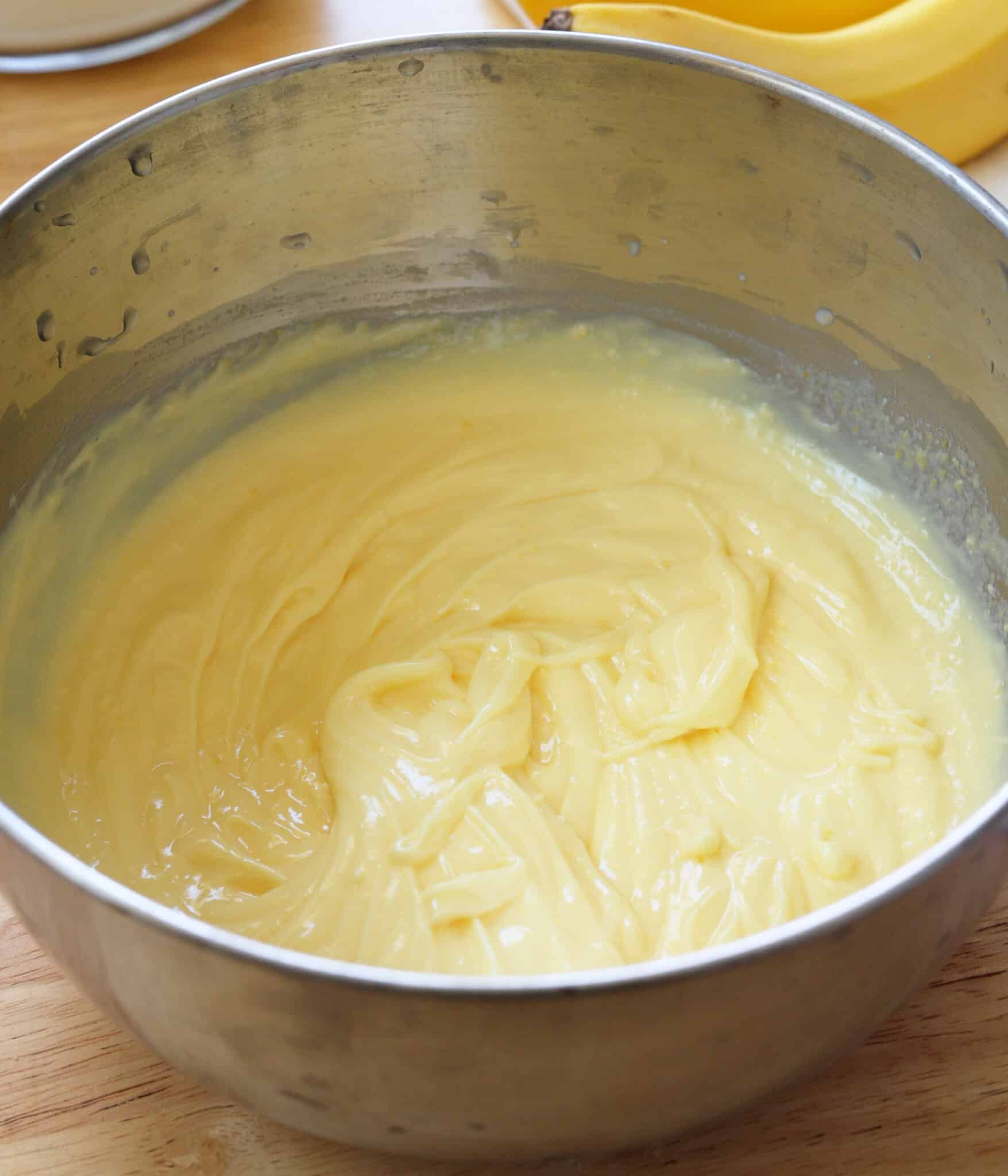 Instant vanilla pudding in a stainless steel bowl.