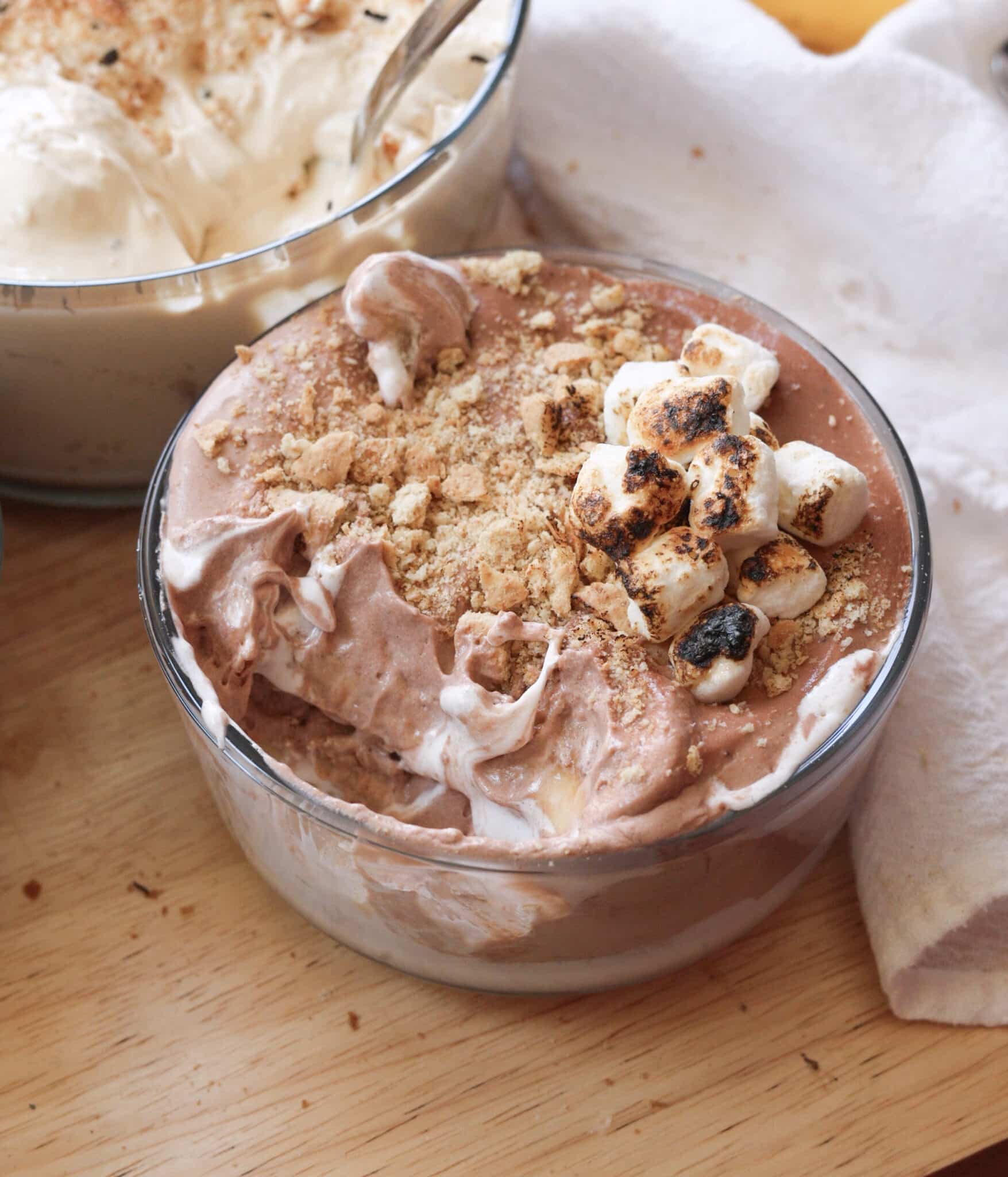 S'mores banana pudding with a bite taken out of it.