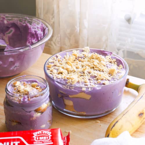 Ube banana pudding in glass containers.