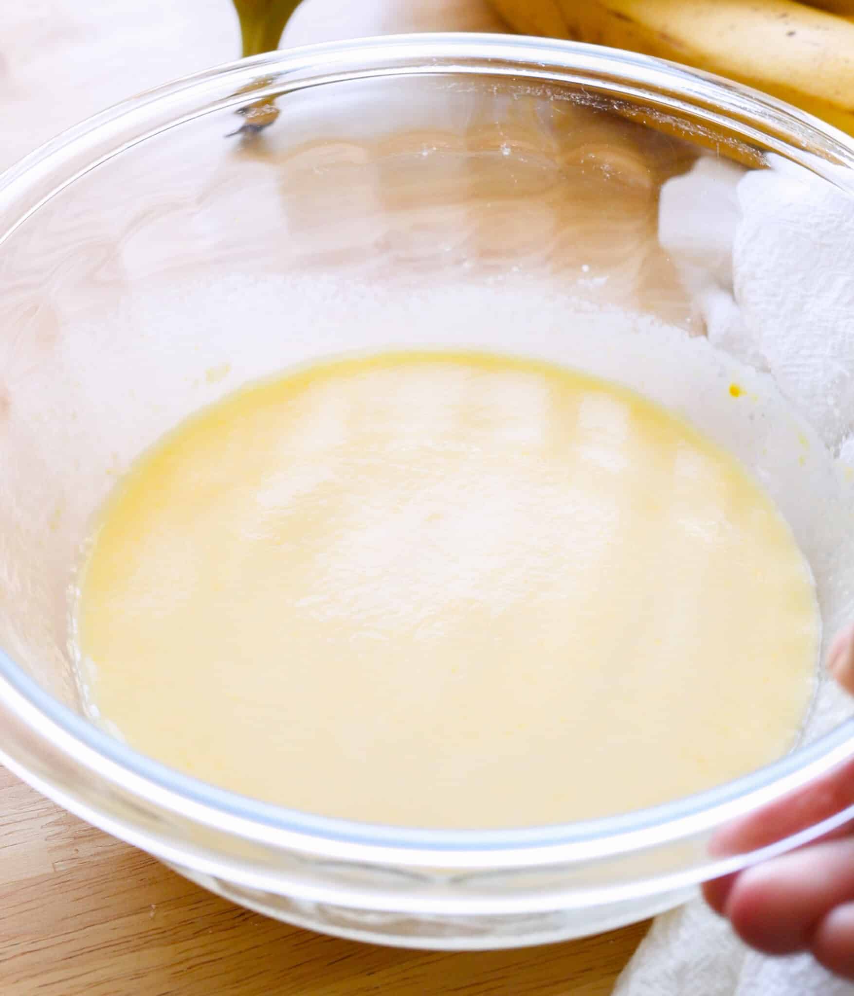 Mixed instant vanilla pudding in a glass bowl.