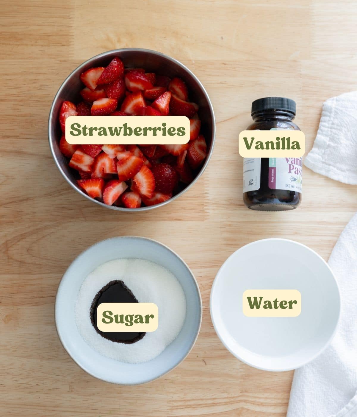 Strawberry syrup labeled ingredients on a wooden table.