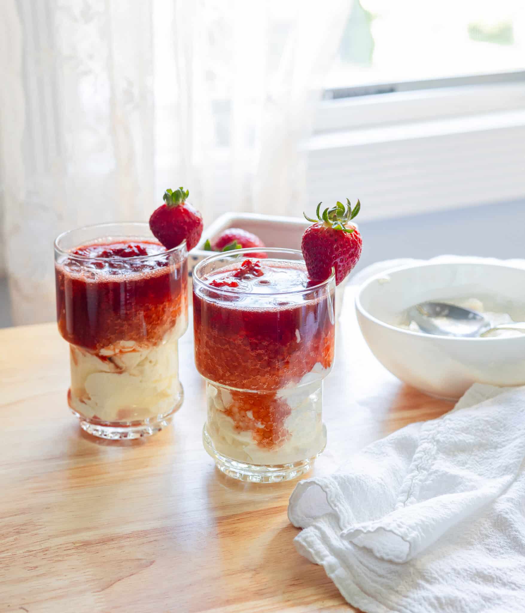 Strawberry taho in glass cups.