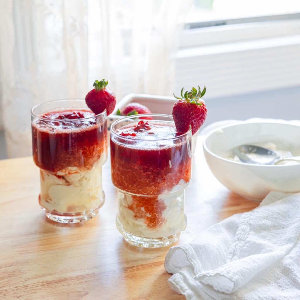 Strawberry taho in glass cups.