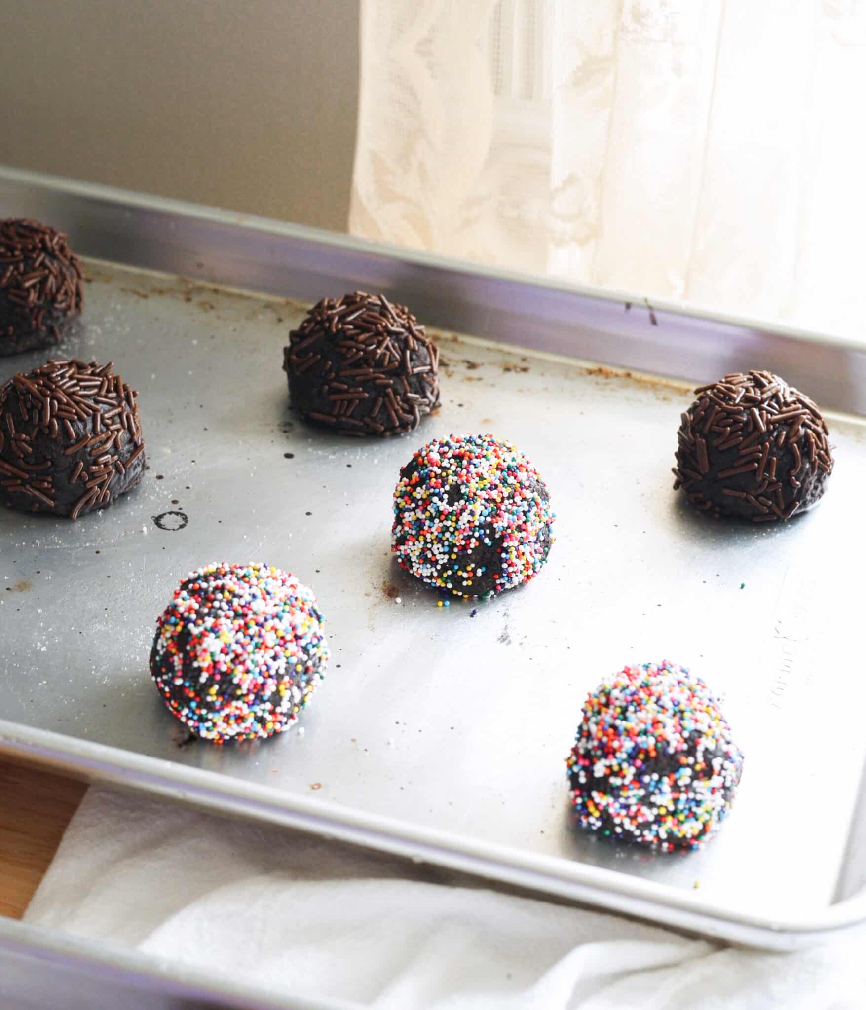 Chocolate cookie dough covered in rainbow and chocolate sprinkles.