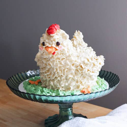 Cute chicken cake on a green cake stand.