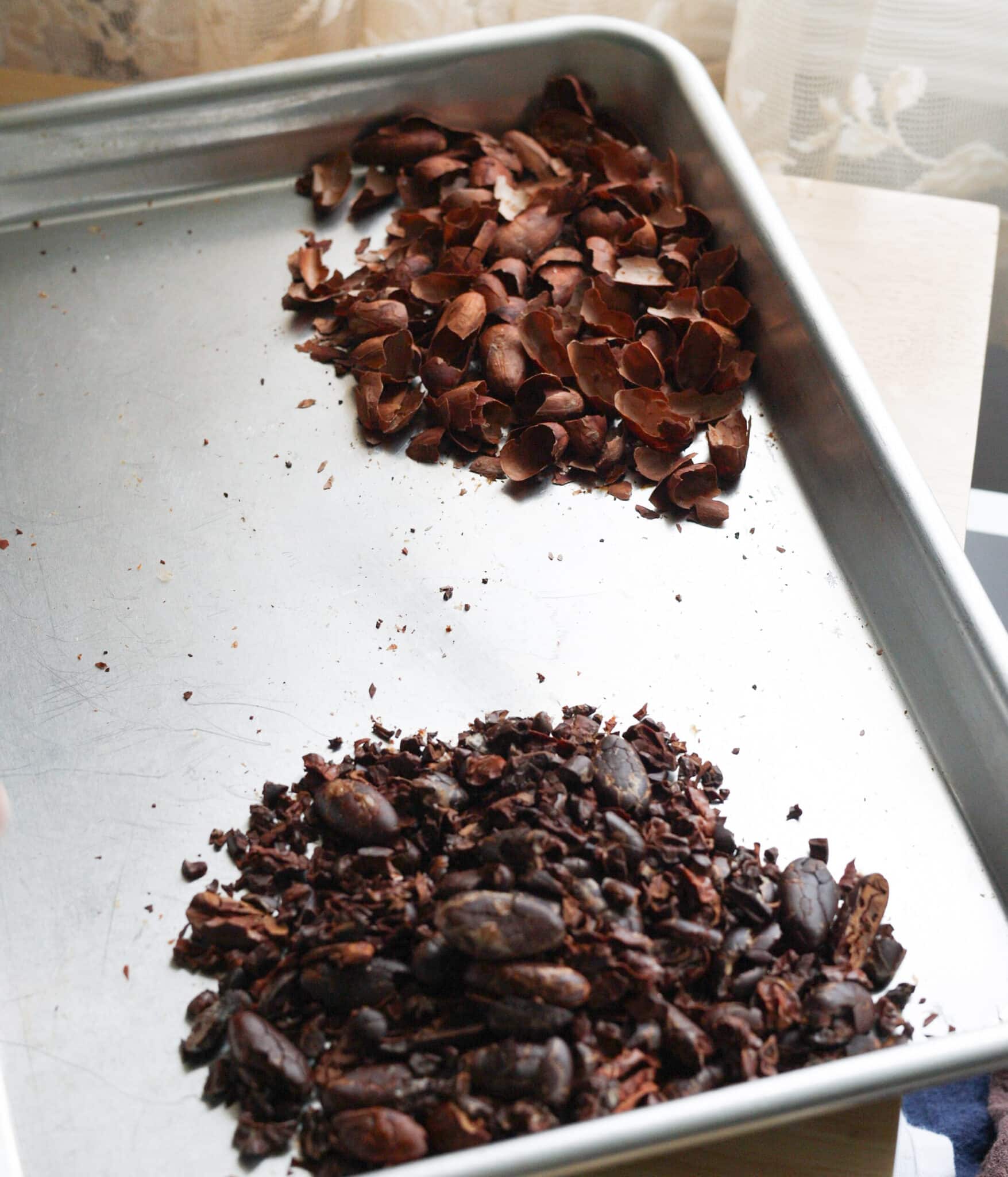 Roasted cacao beans with shells removed.