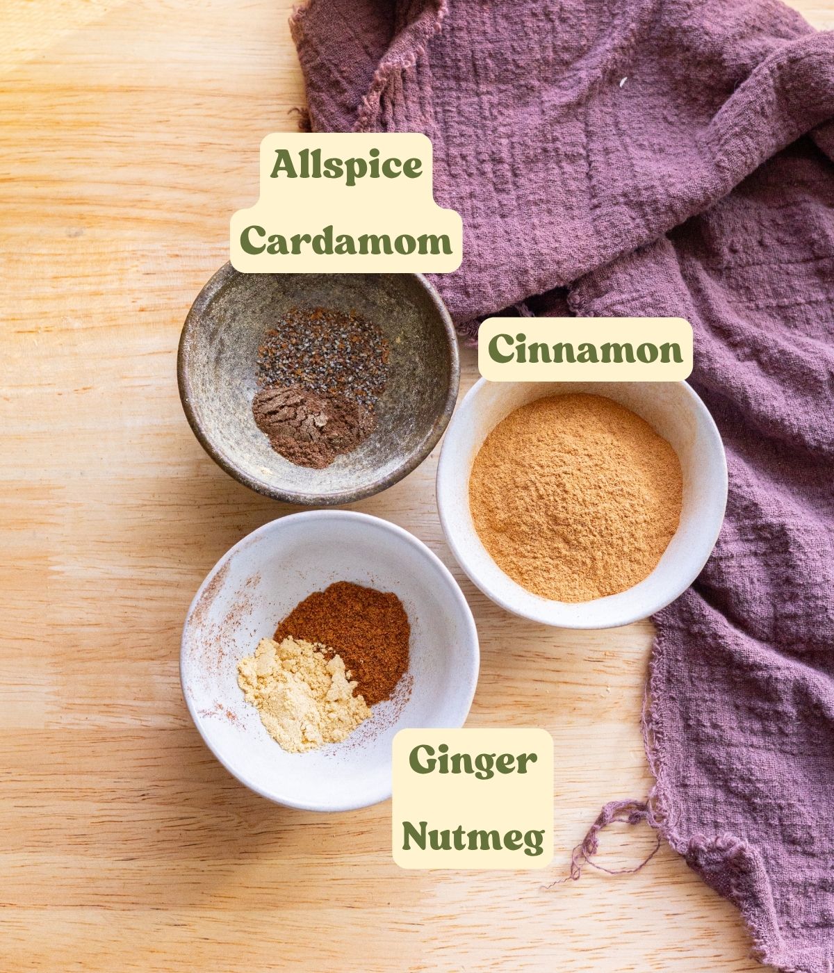Apple pie spice mix ingredients laid out on a table with labels.