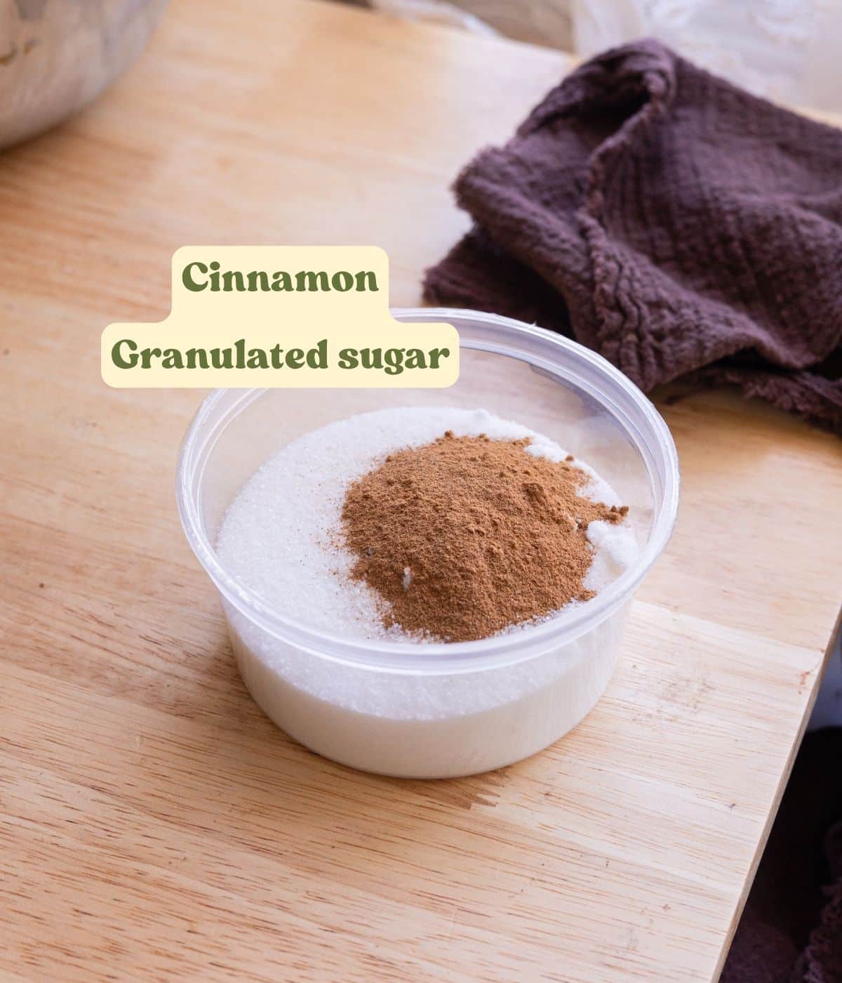 Cinnamon sugar ingredients laid out on a table with labels.