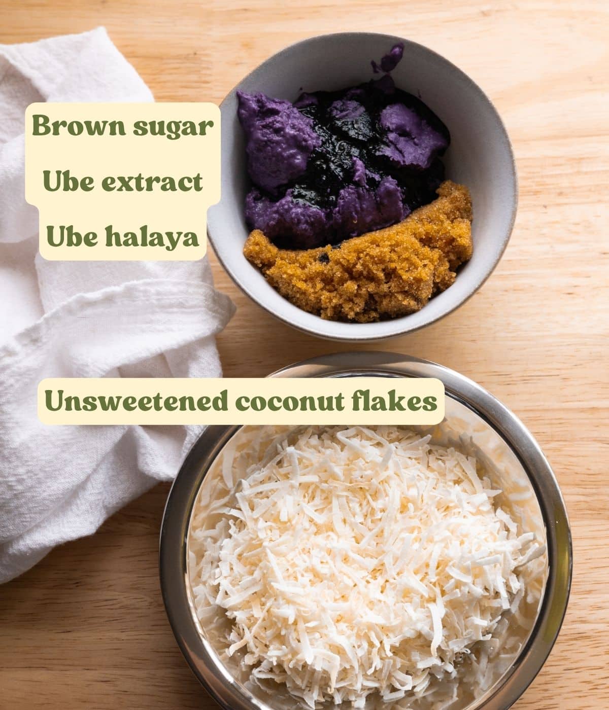 Labeled ube coconut roll filling ingredients laid out on a table.