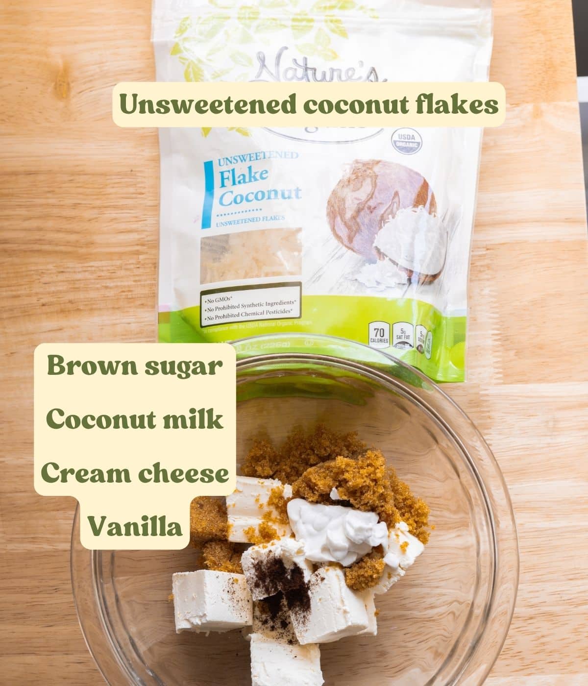 Labeled ube coconut roll frosting and topping ingredients laid out on a table.