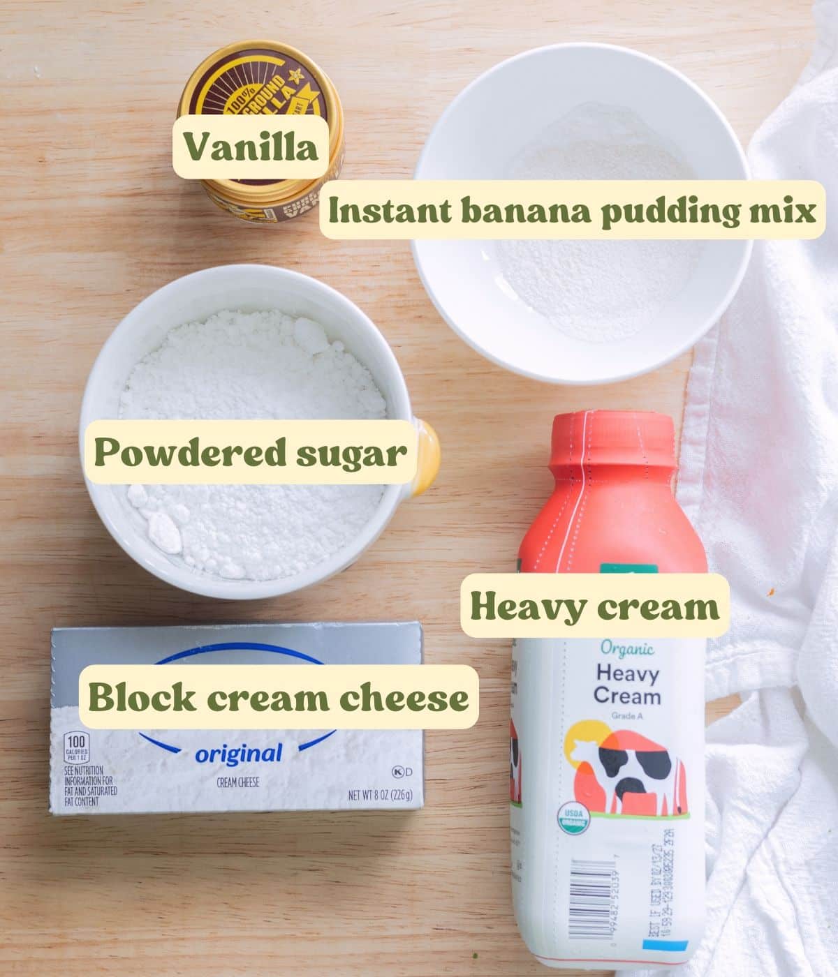 Labeled banana pudding frosting ingredients laid out on a table.