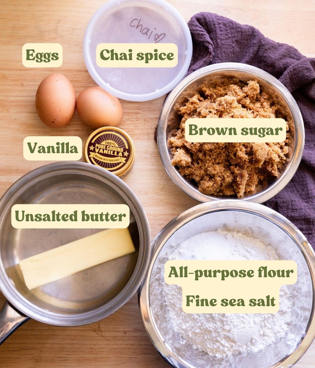 Chai blondie bars ingredients laid out on a table with labels.
