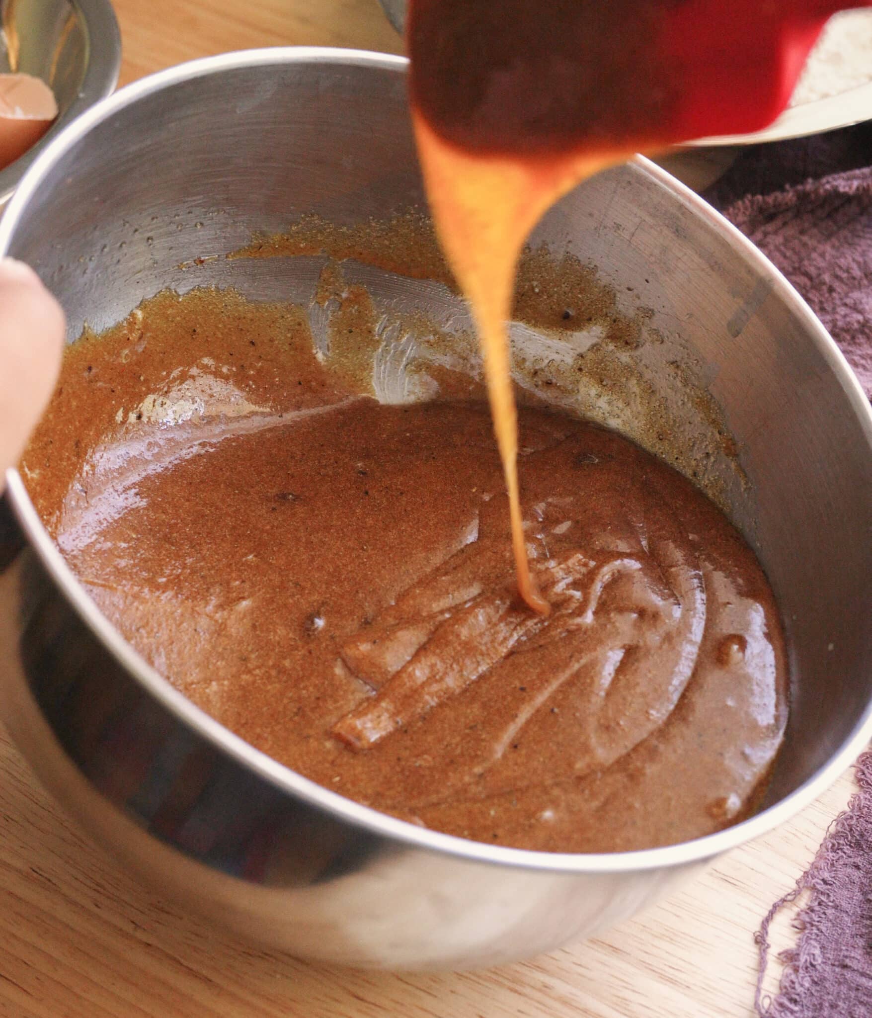 Chai blondie bar wet ingredients mixed in a stainless steel bowl.
