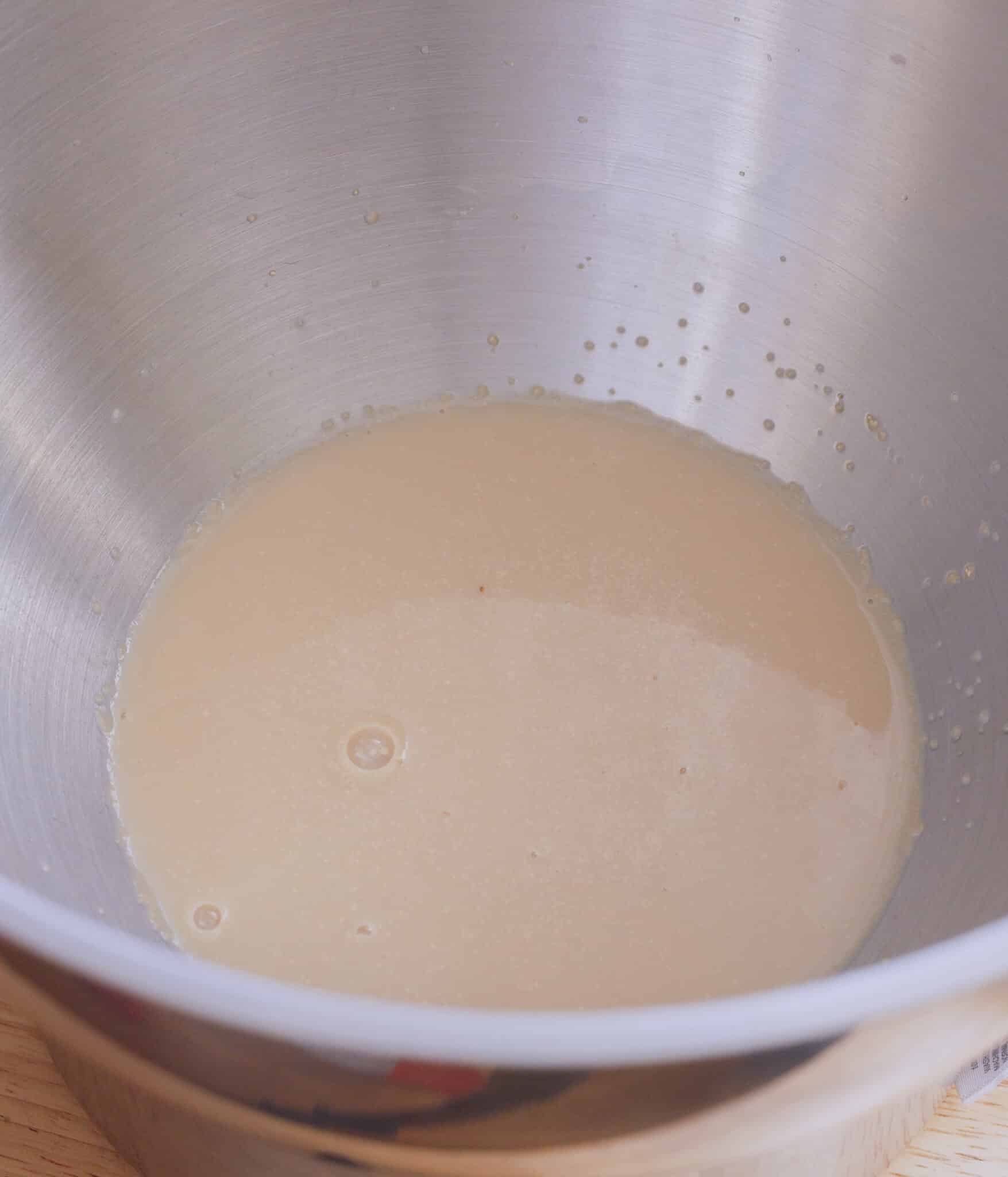 Proofed yeast in milk and brown sugar.