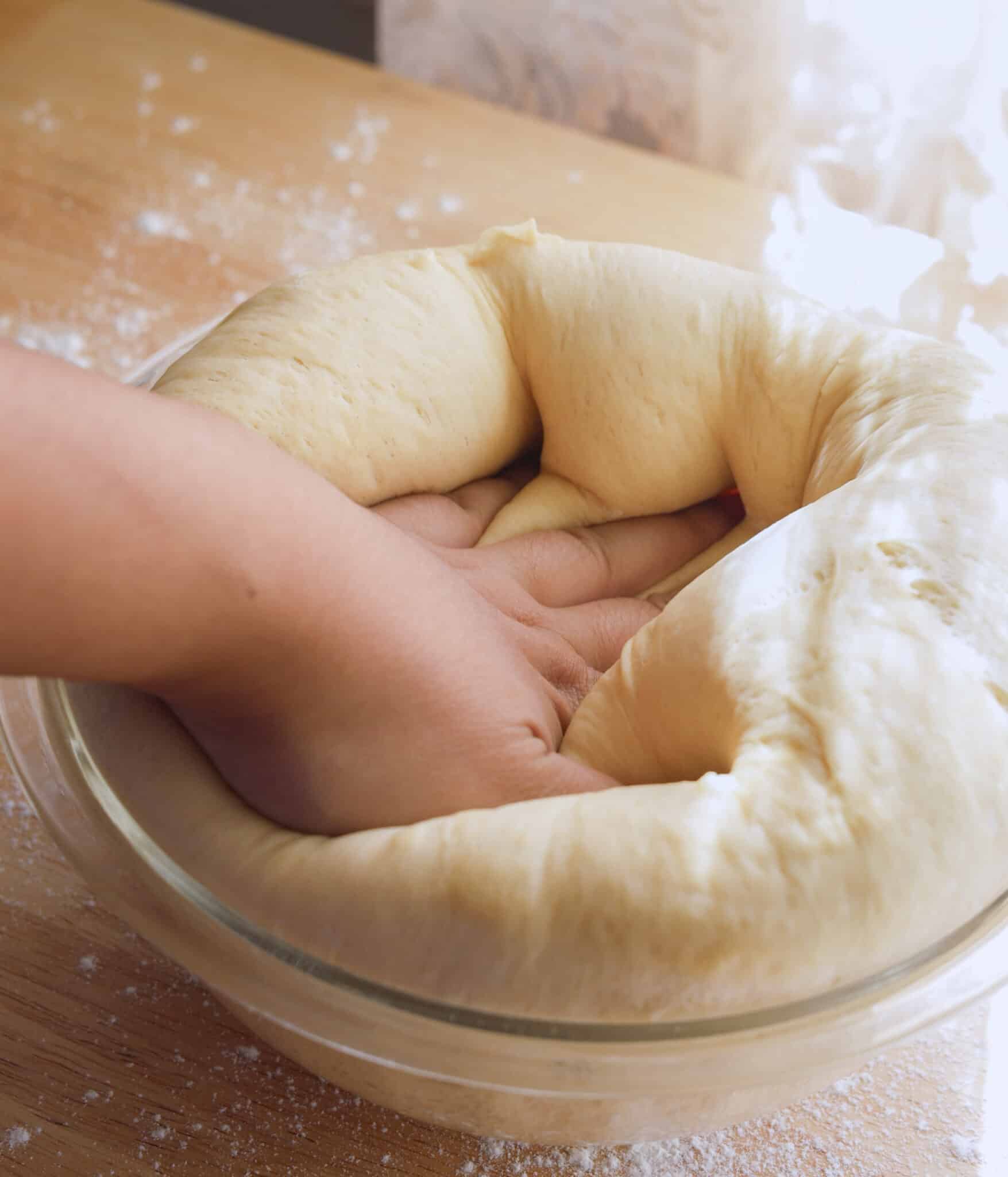 Brioche roll dough after first proof.