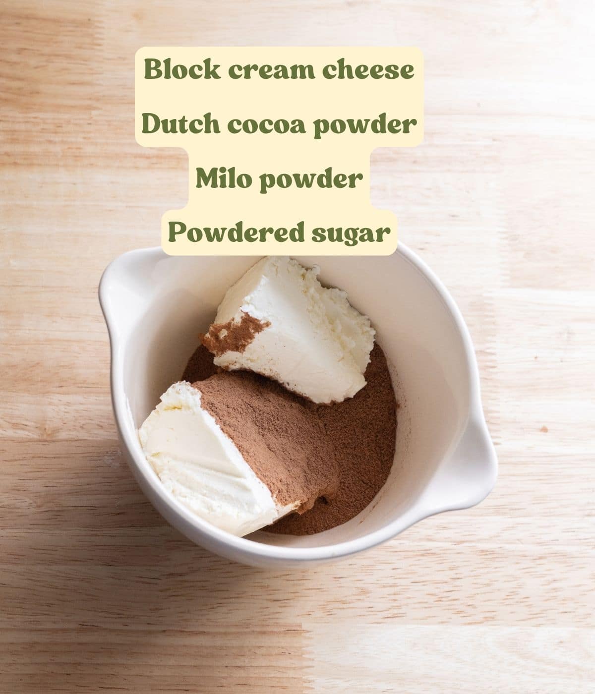 Labeled milo roll frosting ingredients laid out on a table.