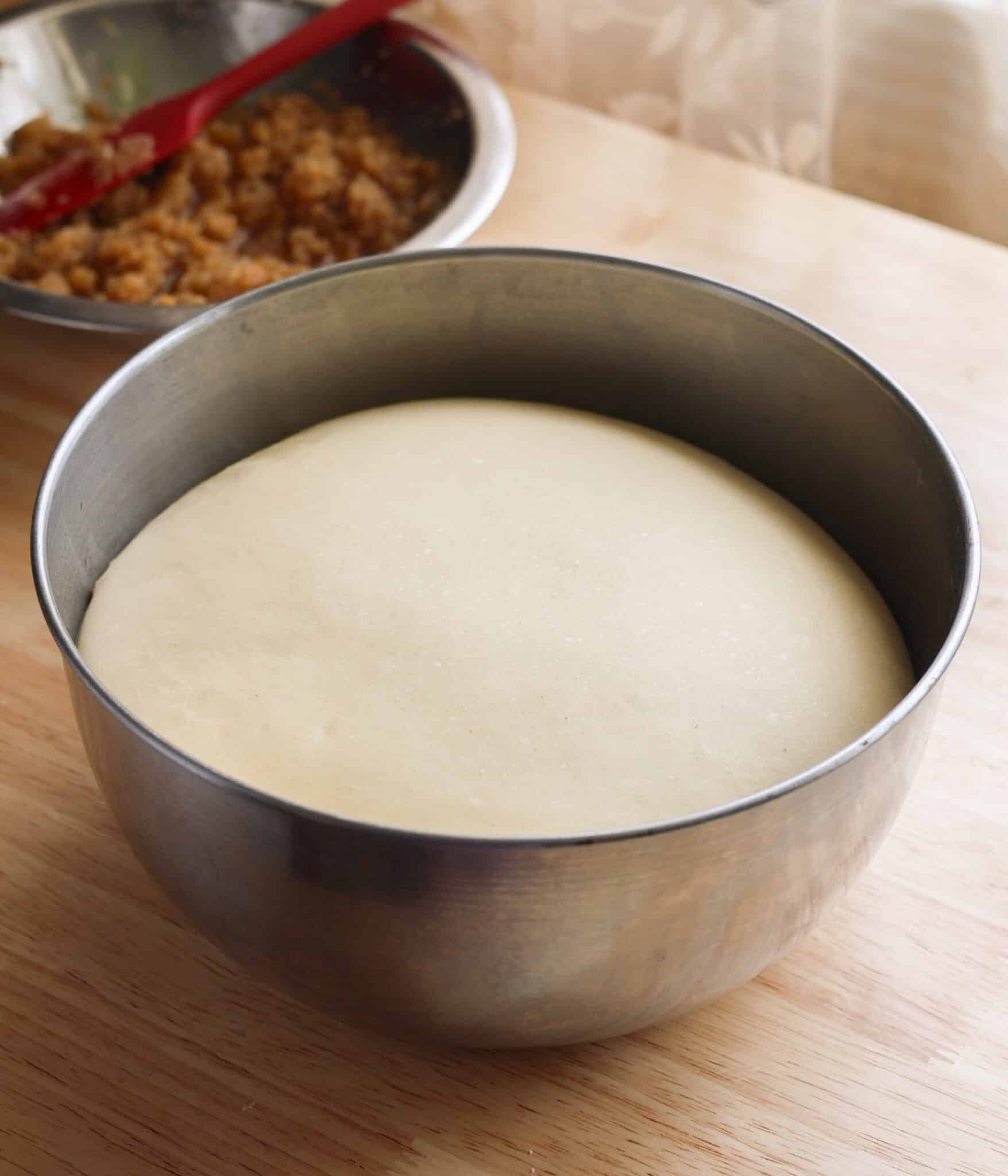 Brioche roll dough after first proof.