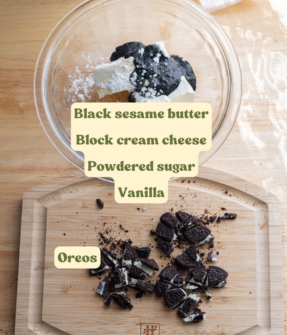 Labeled black sesame Oreo roll frosting ingredients laid out on a table.